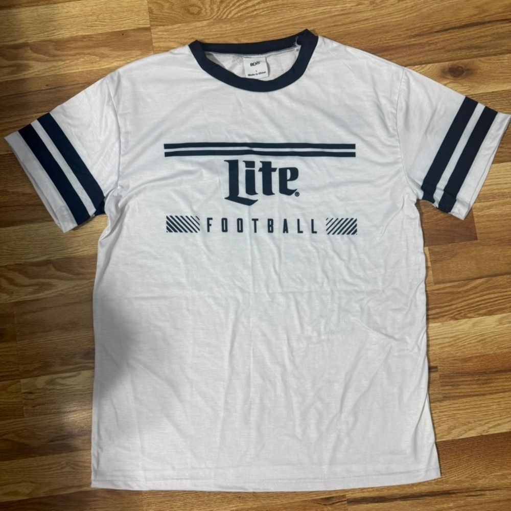 Miller Lite Football Ringer T-Shirt Mens Large White Navy Blue BDA Beer Graphic